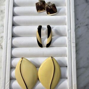 Vtg Monet Clip On Earrings Lot 3 Pairs Enamel Gold Tone Cream Black Statement